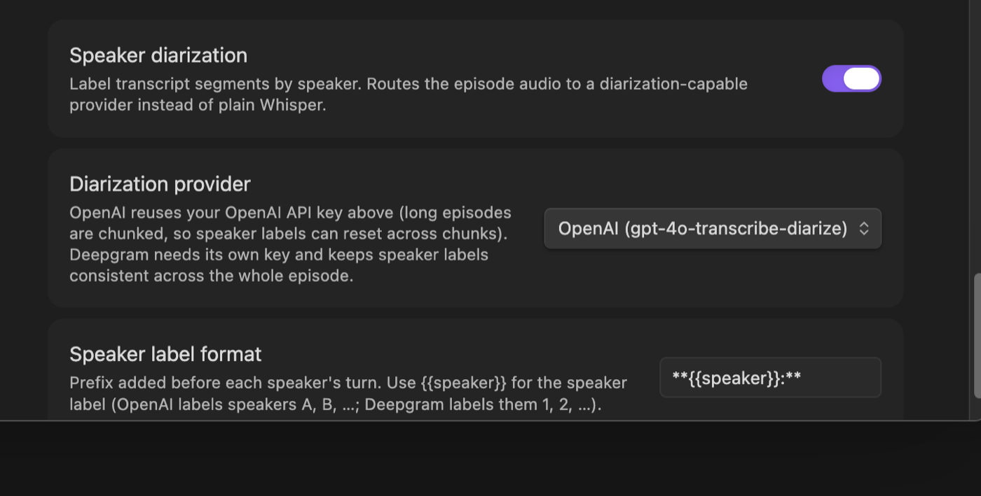 Speaker diarization settings